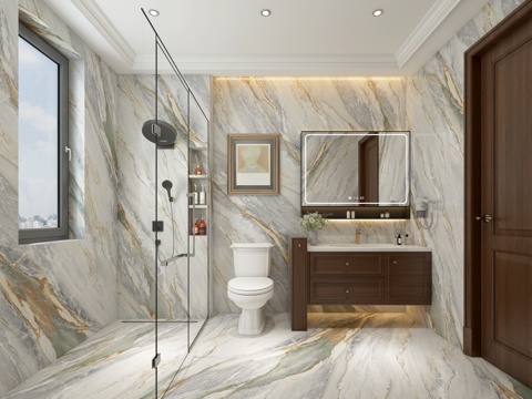  美式卫生间 浴室柜 淋浴房 暗装花洒 马桶3d模型 