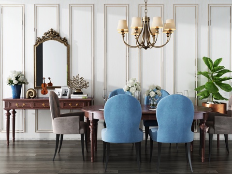  美式简约餐桌椅边柜吊灯组合3d模型 