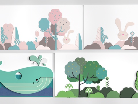 现代儿童背景墙 儿童文化墙 幼儿园背景墙 卡通装饰墙su模型