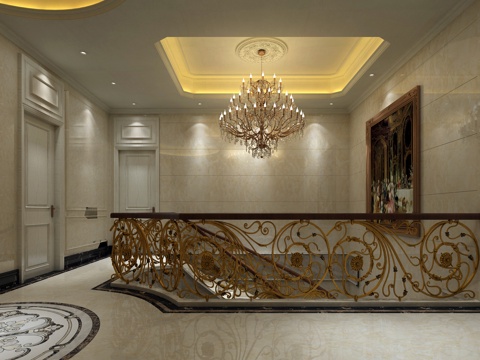  经典欧式别墅玄关 吊灯 挂画 门 物件摆件3d模型 