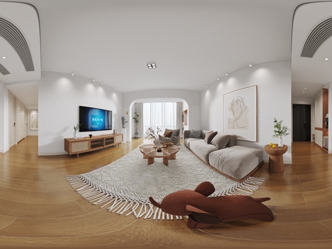 北欧客餐厅全景 客厅 餐厅 挂画 吊灯 装饰柜