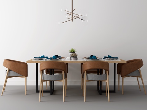  现代实木餐桌椅吊灯组合3d模型 