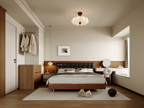  现代奶油风家居卧室 双人床 飘窗卧室 主卧 挂画 单人椅3d模型 