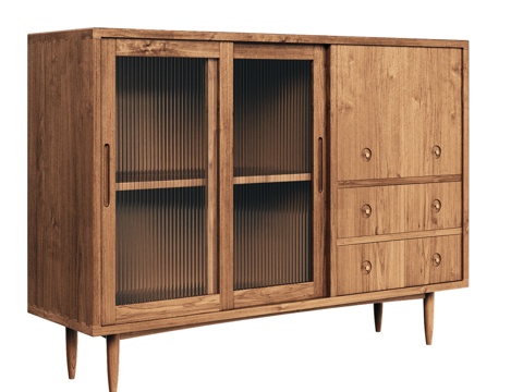  OM餐边柜配2扇玻璃门和2个抽屉，中世纪风格3d模型 