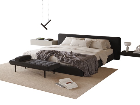  现代双人床 床尾凳3d模型 