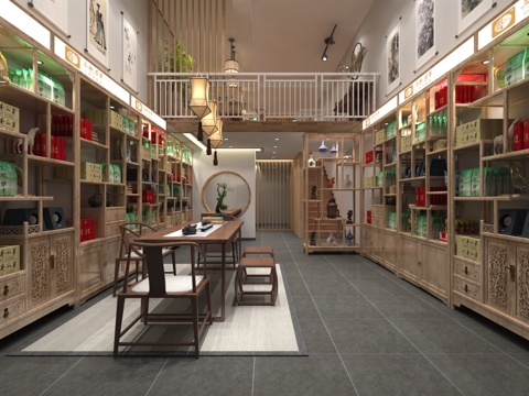  新中式茶室 餐桌椅 吊灯 茶柜 挂画 物件摆件3d模型 