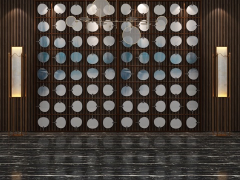  新中式背景墙 扇子 挂饰 吊灯 落地灯3d模型 