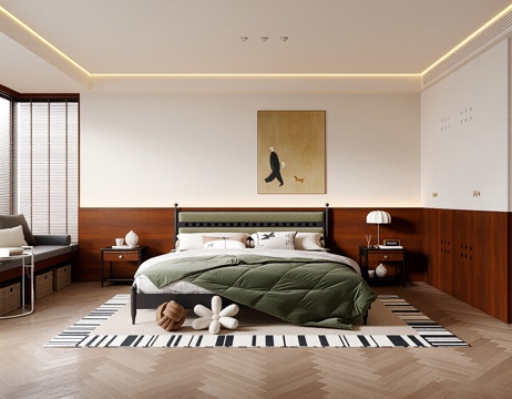  现代中古风家居卧室 双人床 飘窗卧室 主卧 挂画 单人椅3d模型 