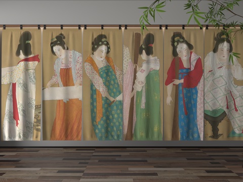  新中式窗帘3d模型 