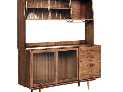  OM 玻璃门三抽屉中世纪风格餐边柜3d模型 