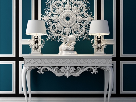  背景墙桌 白色调装饰摆件3d模型 