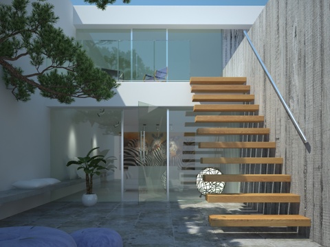  室外景观 别墅 现代 简约 水泥 布艺沙发 户外 楼梯3d模型 