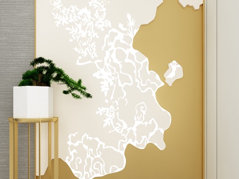  中式植物玄关背景墙3d模型 