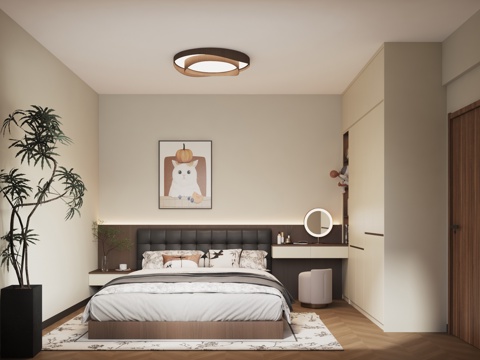  中古风卧室 复古卧室 奶油风卧室3d模型 