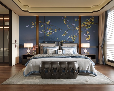 新中式卧室 双人床su模型