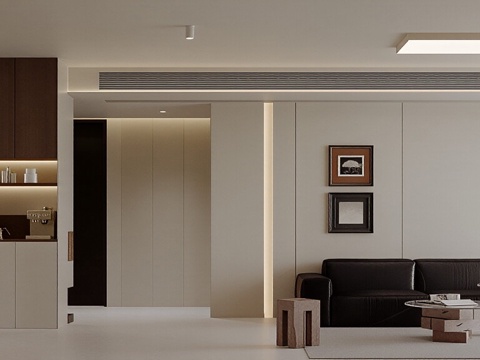  奶油中古风家居客餐厅  沙发茶几组合 餐桌椅 挂画 玄关3d模型 