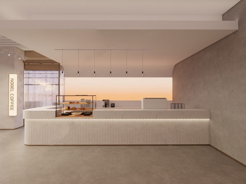 奶油简约咖啡厅 咖啡店 餐饮空间 餐桌椅组合 操作台吧台su模型