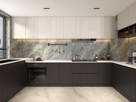  意式U型厨房 厨房小电器3d模型 