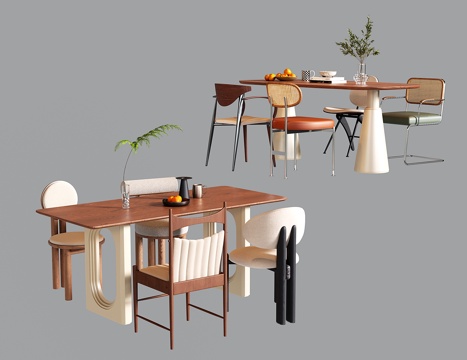  奶油风餐桌椅 中古长方形餐桌 餐椅3d模型 