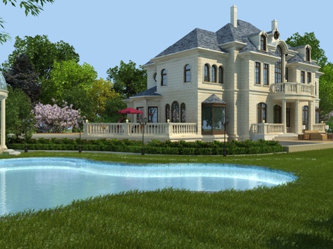  现代欧式别墅小区建筑外观3d模型 