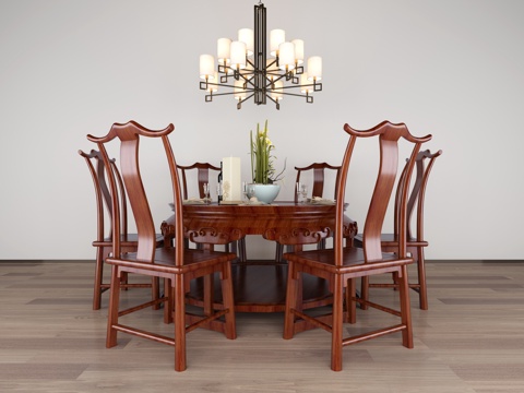  新中式餐桌椅餐具摆件组合3d模型 