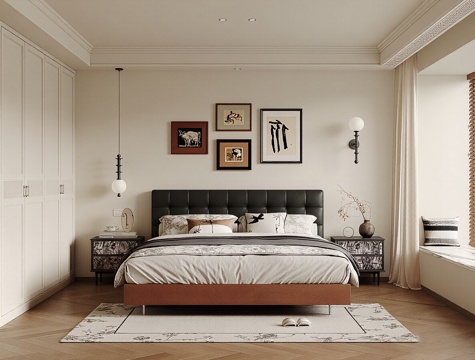  现代中古风家居卧室 双人床 飘窗卧室 主卧 挂画 单人椅3d模型 