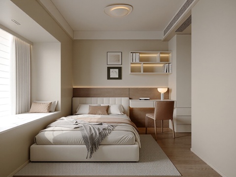  现代奶油风家居卧室 双人床 飘窗卧室 主卧 挂画 单人椅3d模型 