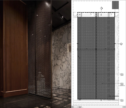 双层金属镂空屏风、金属屏风镂空花格、超高金属艺术屏风、不锈钢cad施工图