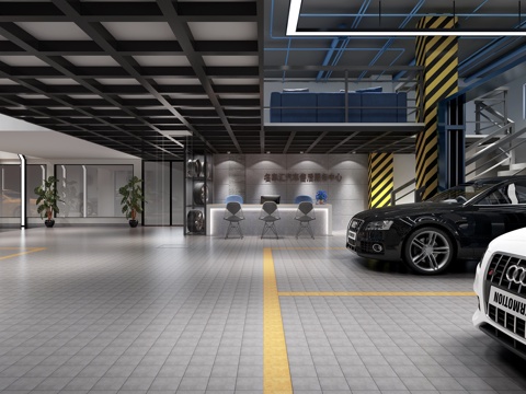  现代4S店 4S售后维护店 4S店门头 汽车轮胎 汽车修3d模型 