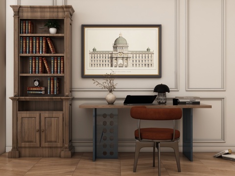 简约美式书房 书桌椅  办公桌椅 摆件组合 书柜su模型