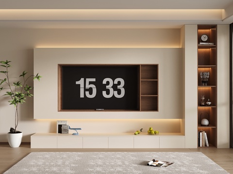  奶油风电视背景墙 开放格电视柜一体3d模型 