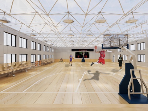  现代篮球场 篮球架 场地 吊灯 物件摆件3d模型 