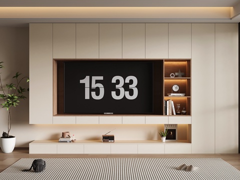  奶油风电视背景柜 现代电视背景墙 储物收纳电视柜一体3d模型 