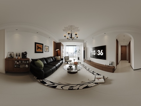  中古风客餐厅全景 客厅 餐厅 挂画 吊灯 装饰柜 