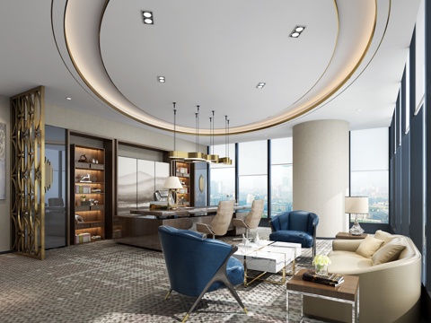  现代经理办公室 董事长办公室 办公桌椅组合 沙发茶几 会客区3d模型 