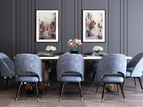  现代餐桌椅 花瓶 椅子 桌子 挂画 现代家具3d模型 