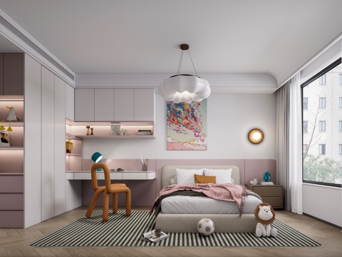 现代风格 儿童房 卧室 女孩房su模型