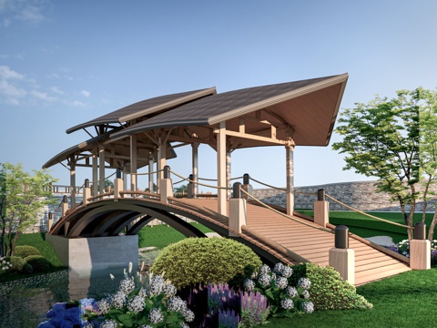 现代景观小桥 景观桥 木拱桥 公园桥su模型