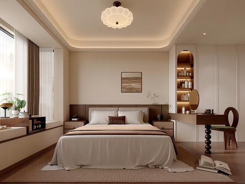  现代中古风家居卧室 双人床 飘窗卧室 主卧 挂画 单人椅3d模型 