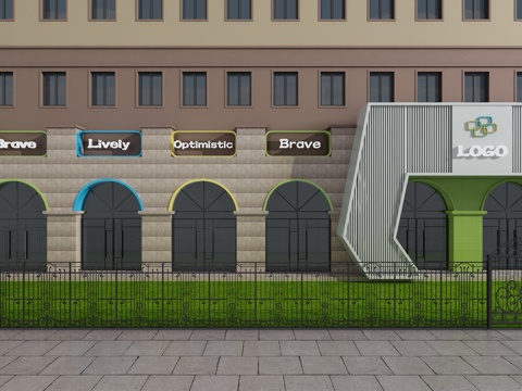  幼儿园门头外立面拱形玻璃门围栏3d模型 