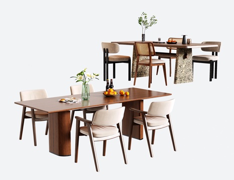 中古餐桌椅 木质长餐桌 餐椅su模型