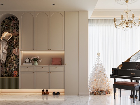  法式玄关鞋柜 法式换鞋凳 钢琴 圣诞树装饰3d模型 