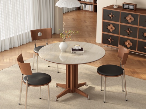  中古侘寂风餐厅 餐桌椅3d模型 