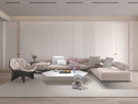  现代奶油风客厅 餐厅3d模型 