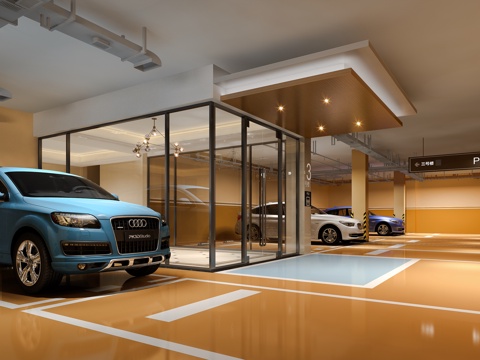  现代地下停车场 车库 停车场电梯间 前厅 汽车3d模型 