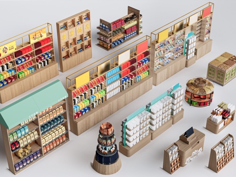 现代超市货架 零食店货架 置物架 文创展架su模型