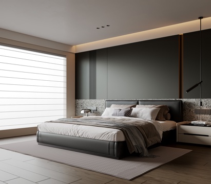  现代意式卧室 皮质双人床 床头柜 吊灯 地毯3d模型 