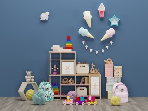  现代儿童玩具 墙饰 书包 装饰柜3d模型 