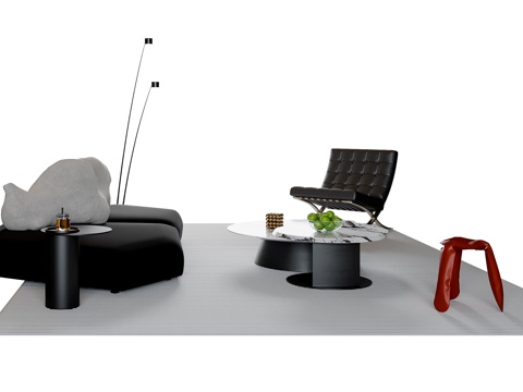 现代意式沙发茶几组合 多人沙发 休闲椅 地毯su模型