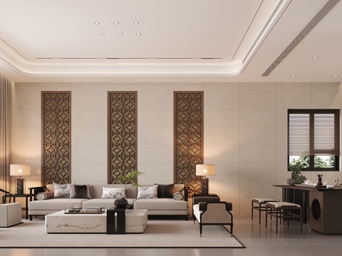  新中式客厅  新中式沙发 新中式背景  新中式茶桌3d模型 